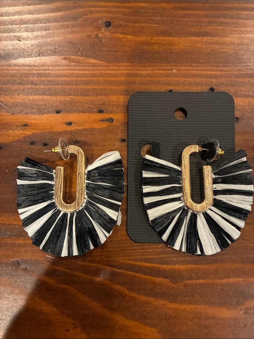 Gold Accent Black & White Fan Raffia Earrings